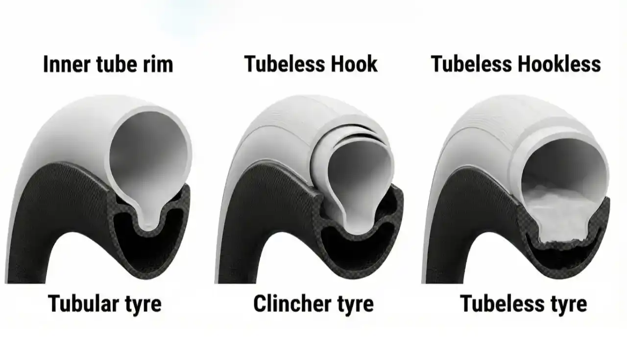 Pros and cons chart comparing tubeless, inner tube and tubular tires